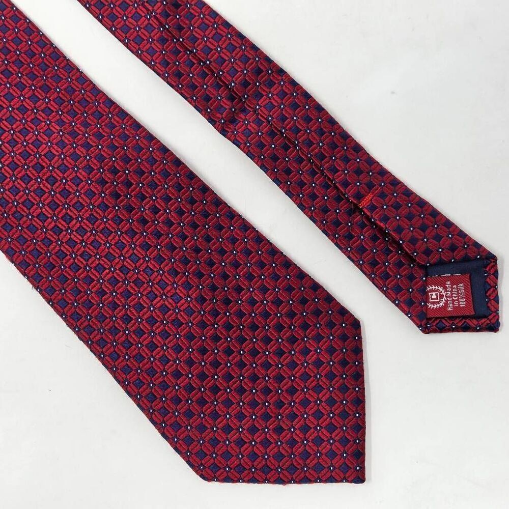 CHAPS RALPH LAUREN SILK TIE RED BLUE GEOMETRIC LUXURY SATIN 3.5" X 59"
